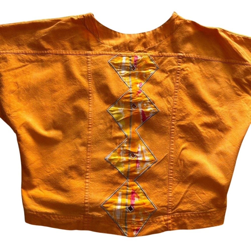 Vintage Fiesta Filipina Orange Crop Top Button Front Diamond Patchwork Back XL‎
